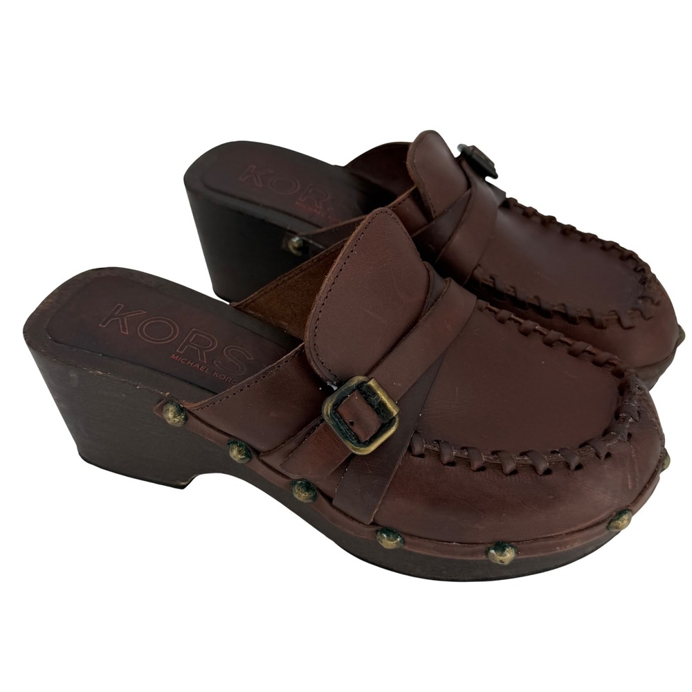 KORS Michael Kors Italy Leather Wood Platform Clogs‎ Boho Artisan Mules 6B